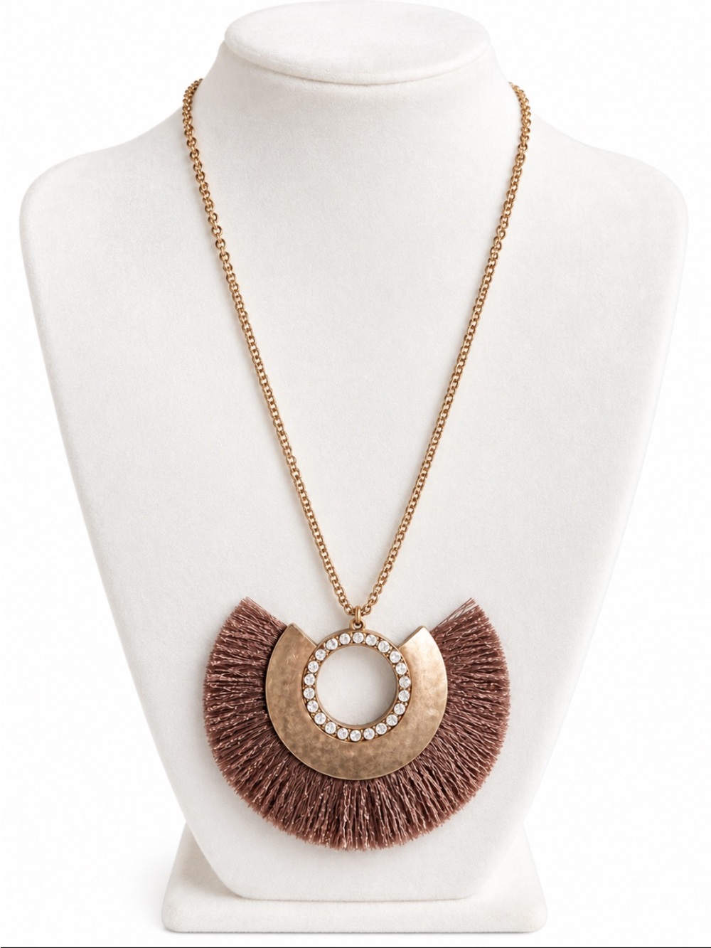 Gold Tone Rhinestone & Brown Fringe Tassel Statement Pendant Necklace